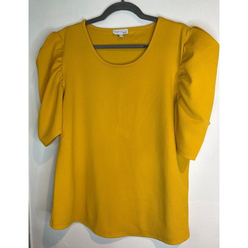 C’est La Vie Women’s L Yellow Blouse Spring Summer Top Casual Chic Preppy